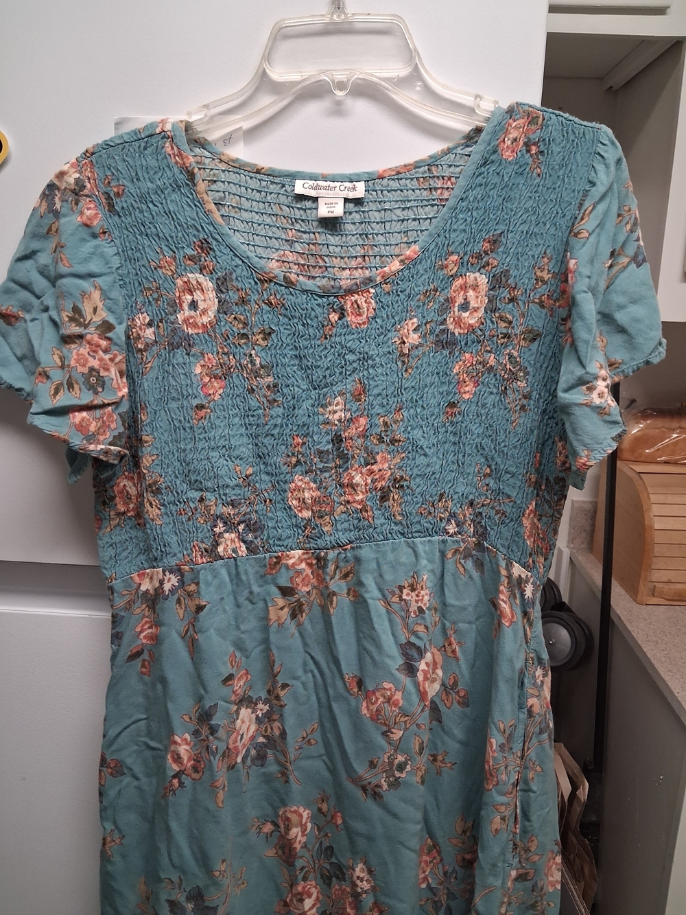 Coldwater Creek Teal Floral Smocked Short Sleeve Tunic